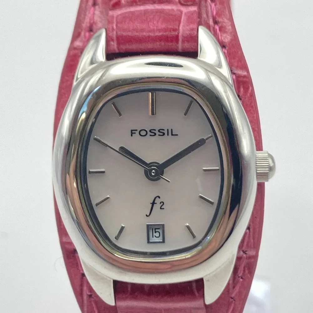 Fossil F2 Women's Watch 23mm Silver Tone Date Pink Leather Cuff MOP New Battery